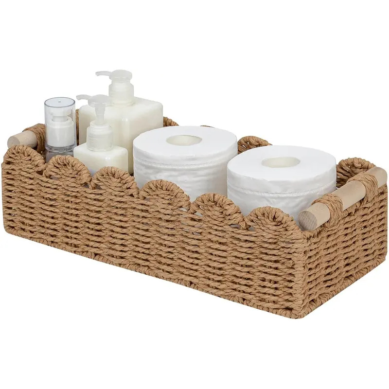 Baby Clothing Basket - 紙製ロープの波型エッジ付きトイレットペーパー収納バスケット、トイレ上収納棚、エンドテーブル棚用ホームデコレーション、木製ハンドル2個付き