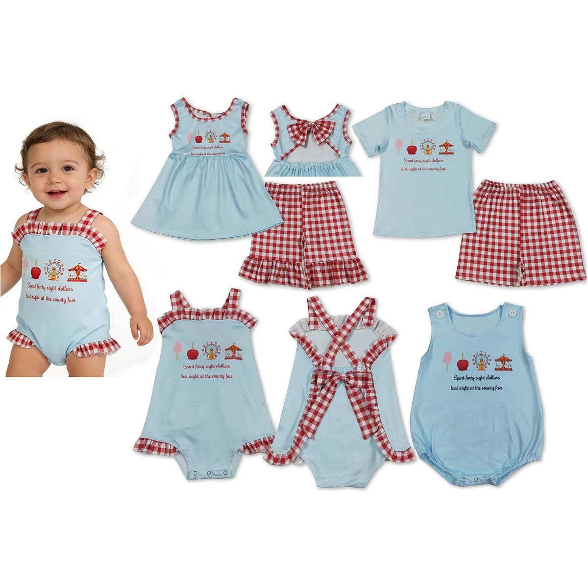Baby Clothing Online - 卸売夏の兄弟姉妹用ベビー服、男の子女の子用パーカーフリルシャツトップ、赤い格子柄ショートパンツ、子供服セット、女の子用ロンパース、お揃いコーデ