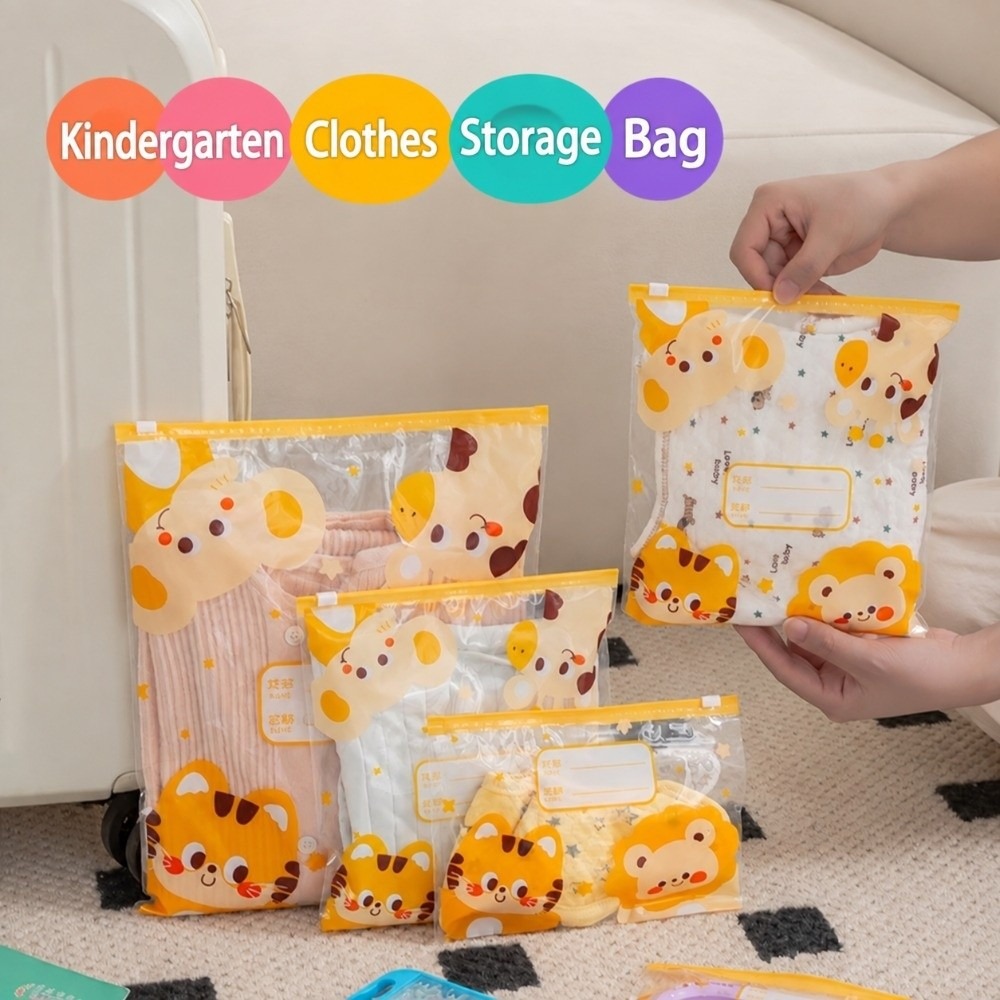Baby Clothing Types - 10個入り/15個入り、ライオン柄の幼稚園用収納バッグ（S/M/Lサイズ）、繰り返し使える子供用収納バッグ、透明なベビー服用ポーチ。