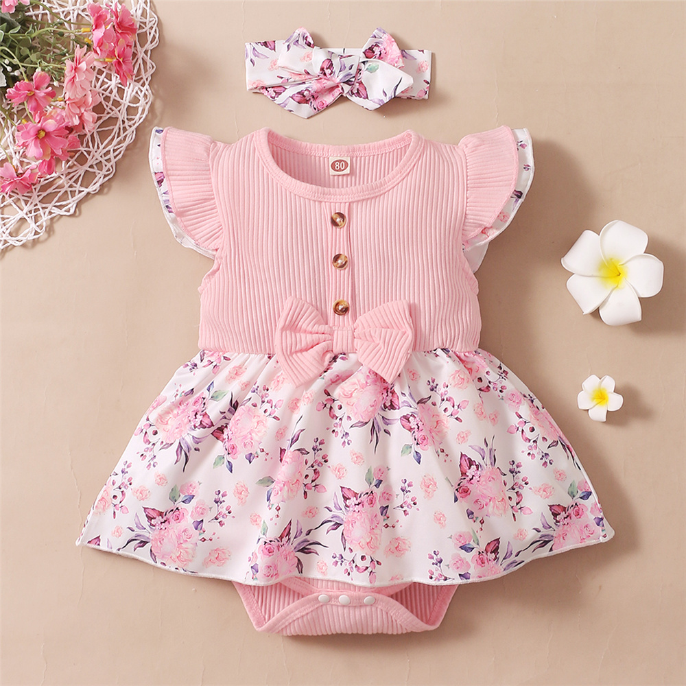 Baby Clothing Online - 0〜18ヶ月の赤ちゃんのための2ピースの花柄ロンパース,袖付きの夏服,ヘッドバンド付き