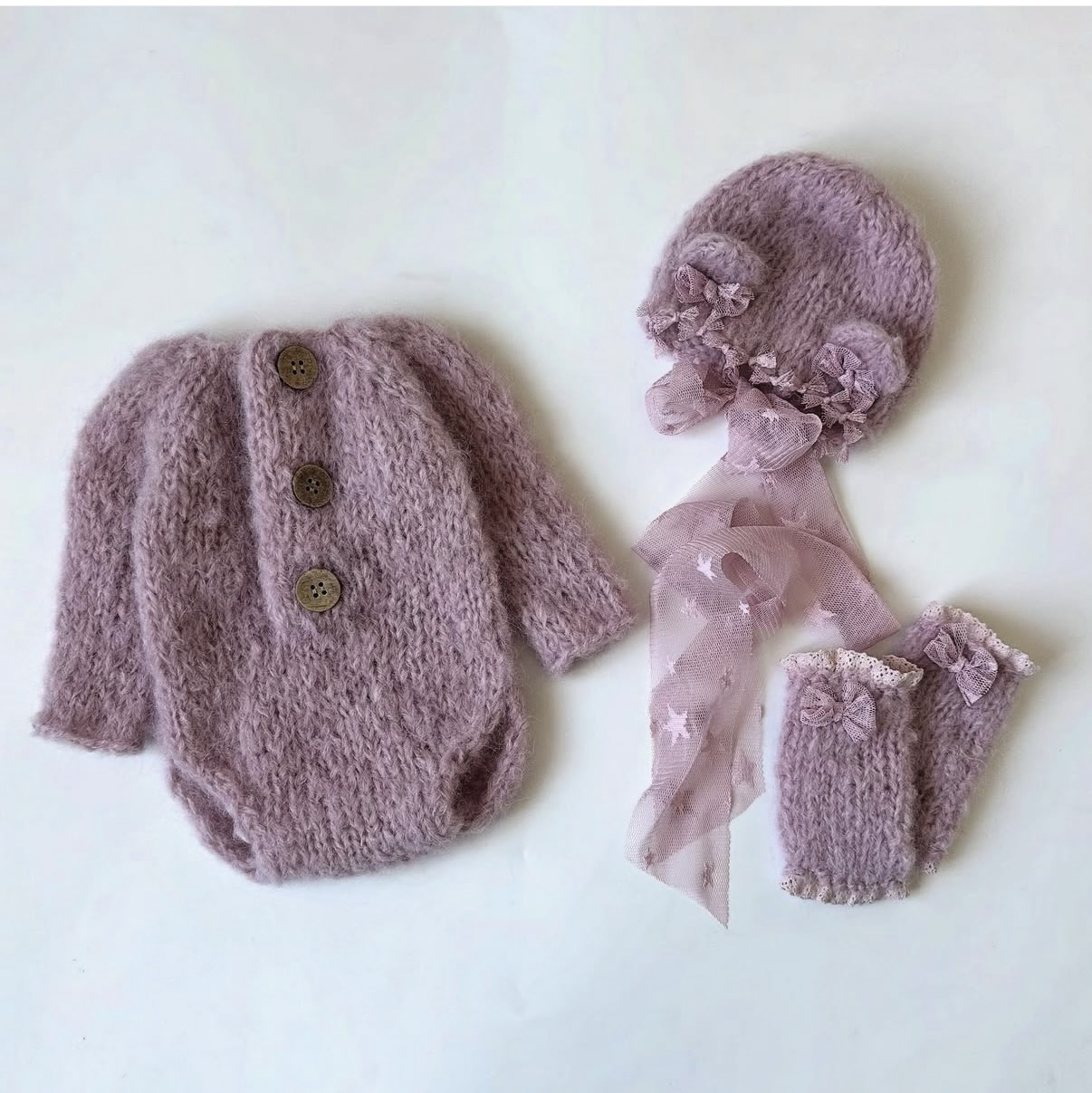 Baby Clothing Set - 新生児の女の子用ニットロンパース、帽子、手袋セット、パープルレースリボン、プリンセス写真撮影用小道具、幼児用冬用防寒服