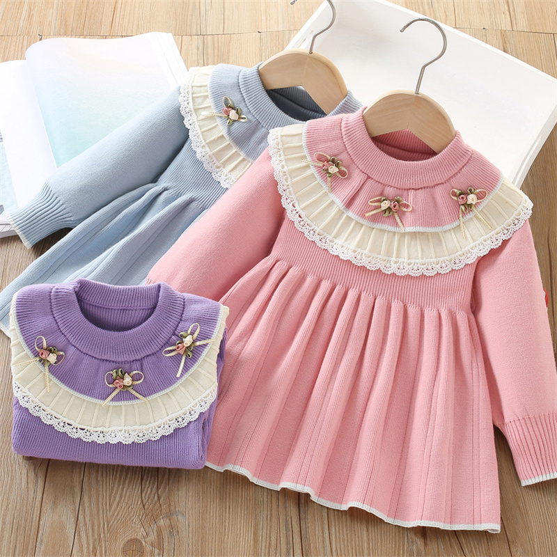 女の赤ちゃんニットドレス子供秋花セーターガウン子供冬暖かい  - Baby Clothing Jumpers のレビューと価格